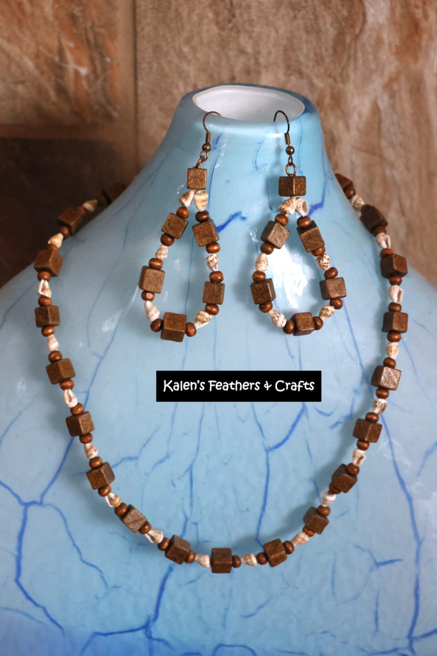 Kalen's Feathers & Crafts - Wood and Shell Earrings and Necklace